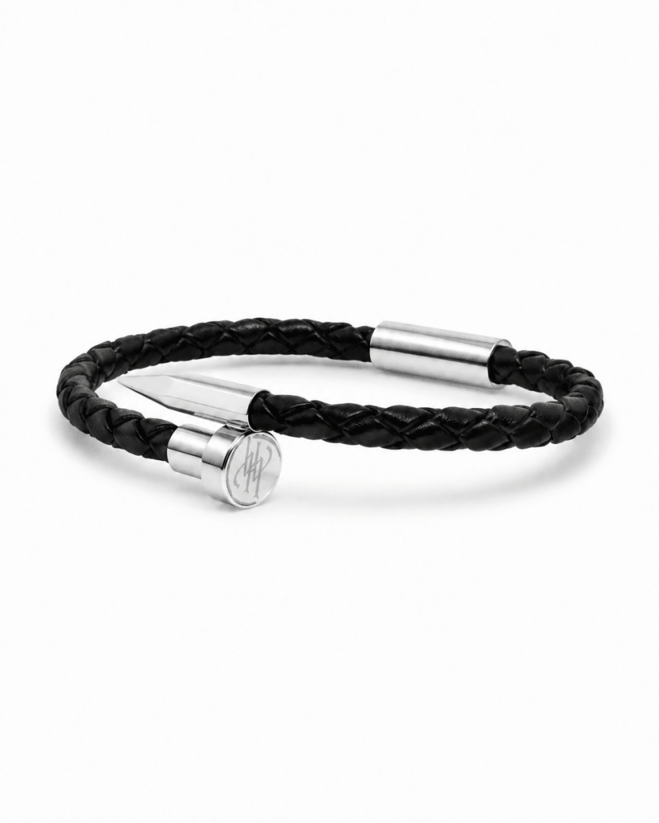 Nail Leather Bracelet - Silver & Black#silver-black