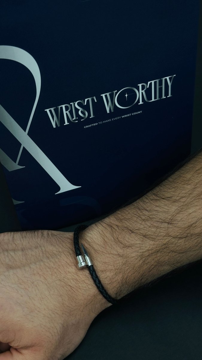 Nail Leather Bracelet - Silver & Black